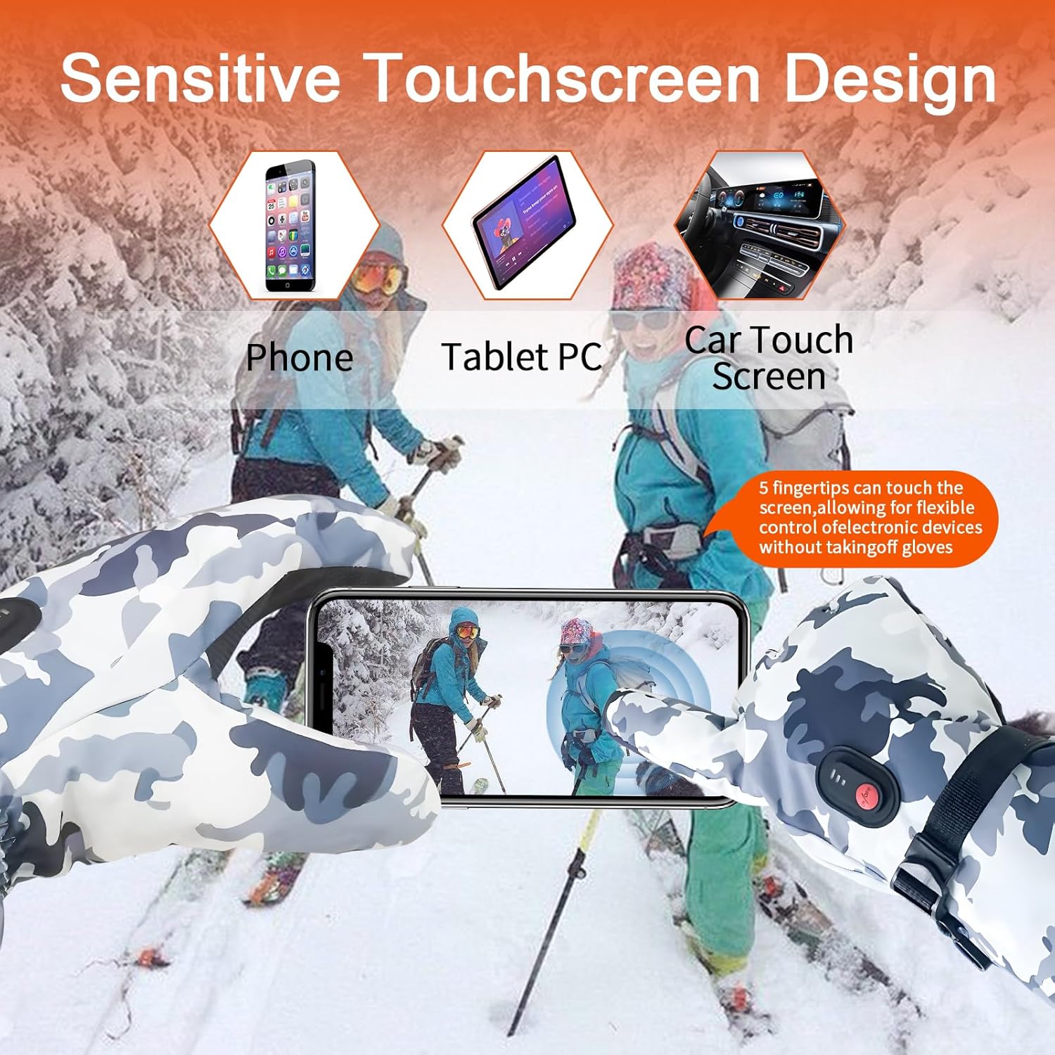 SnowStealth USB Rechargeable Heated Ski/Hunting Gloves - Sensitive Touchscreen Design