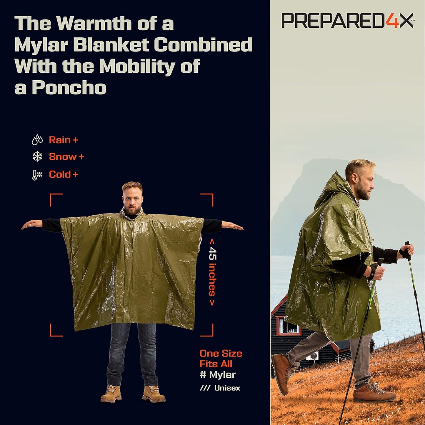 All-Weather Survival Poncho with Mylar Blanket - 4 Pack Emergency Kit