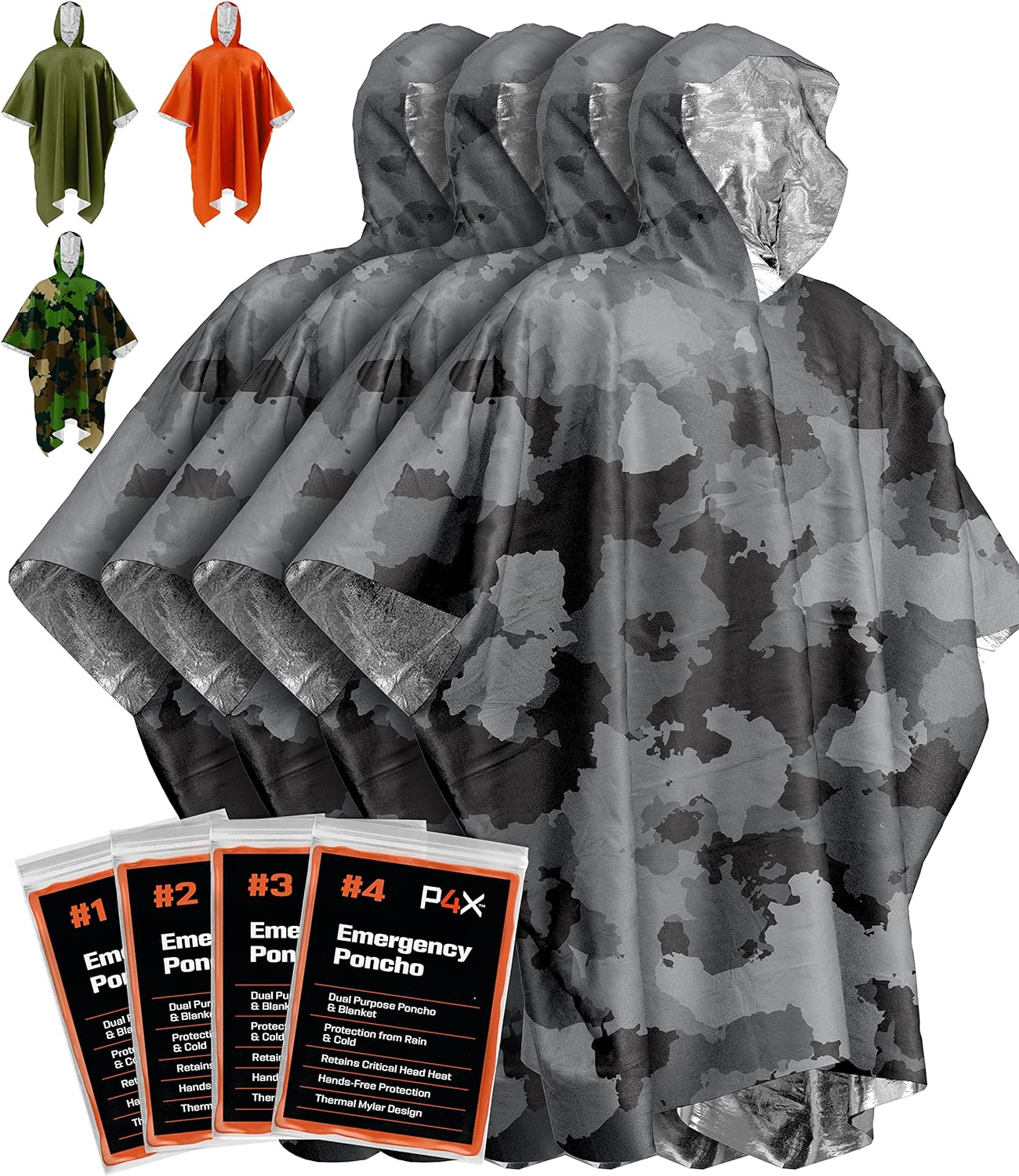 All-Weather Survival Poncho with Mylar Blanket - 4 Pack Emergency Kit