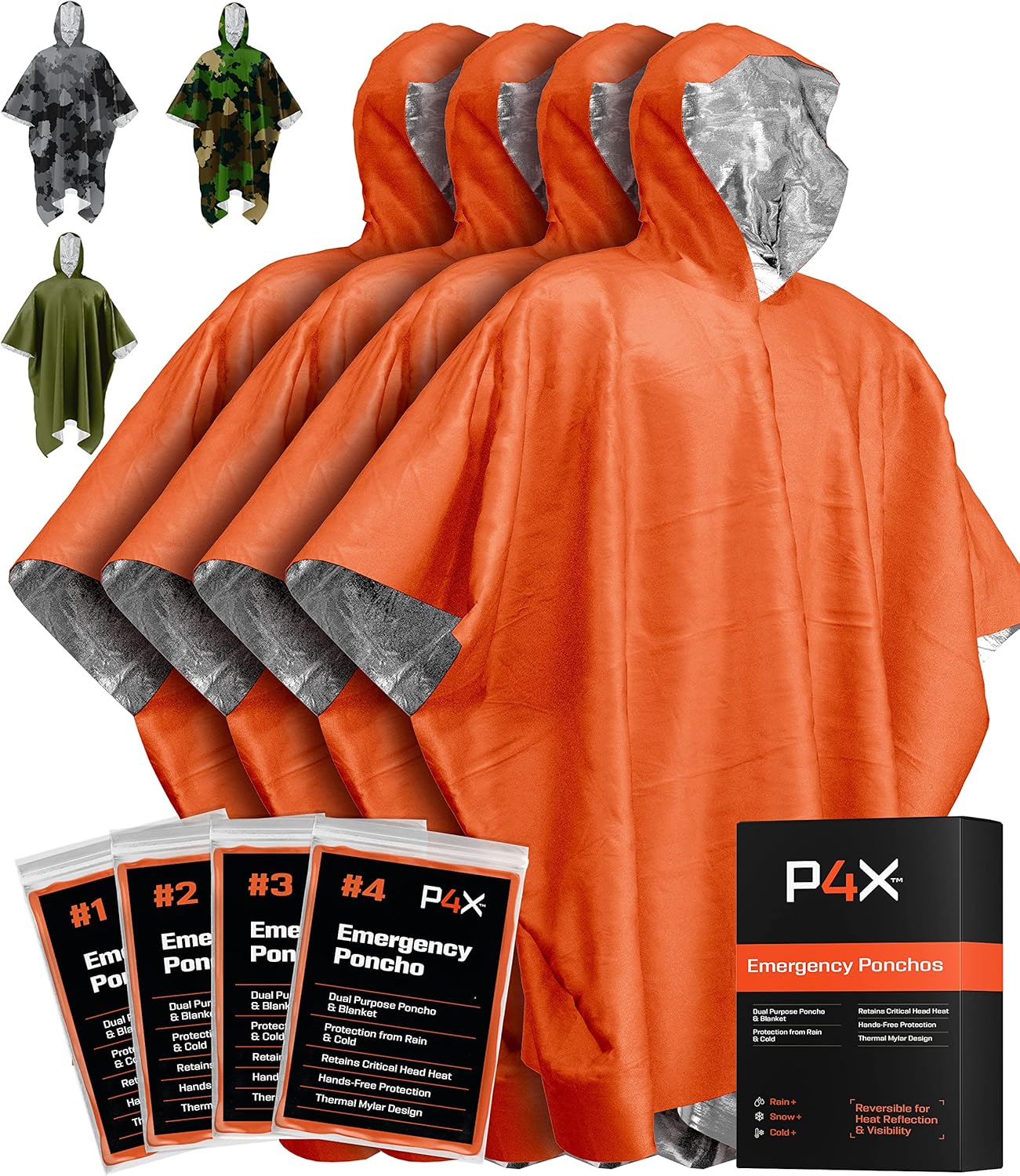 All-Weather Survival Poncho with Mylar Blanket - 4 Pack Emergency Kit