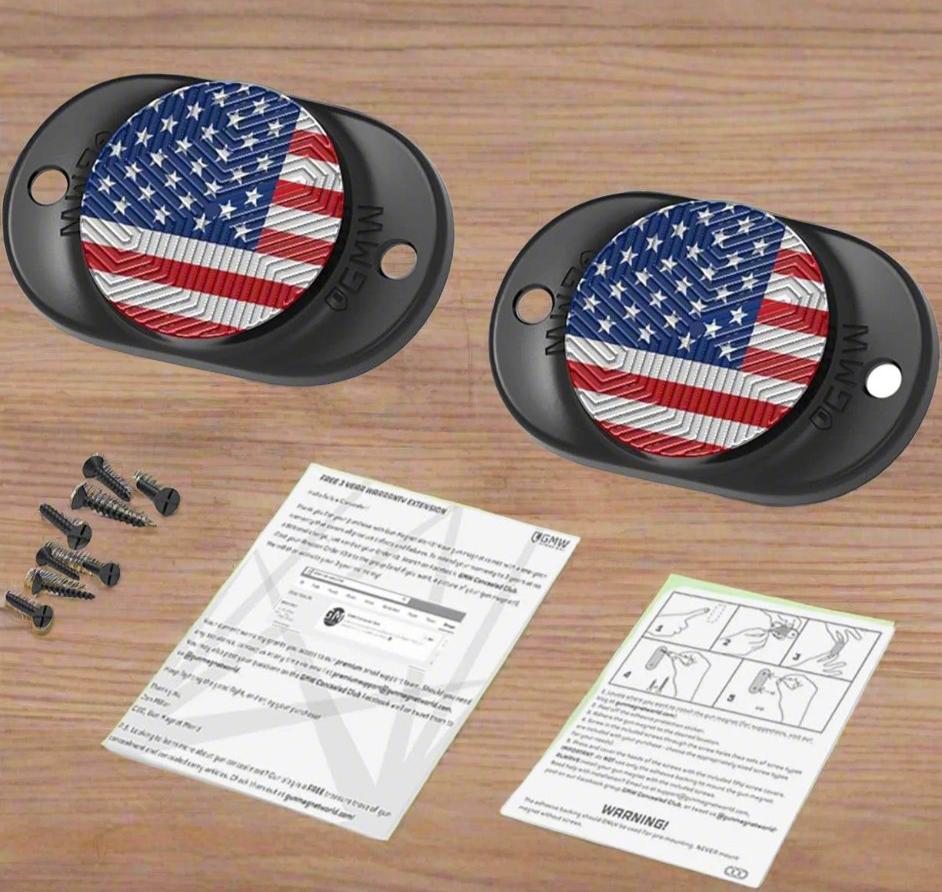 American Flag Magnetic Concealed Gun Mount 2-Pack shown with mounting screws and instructions.