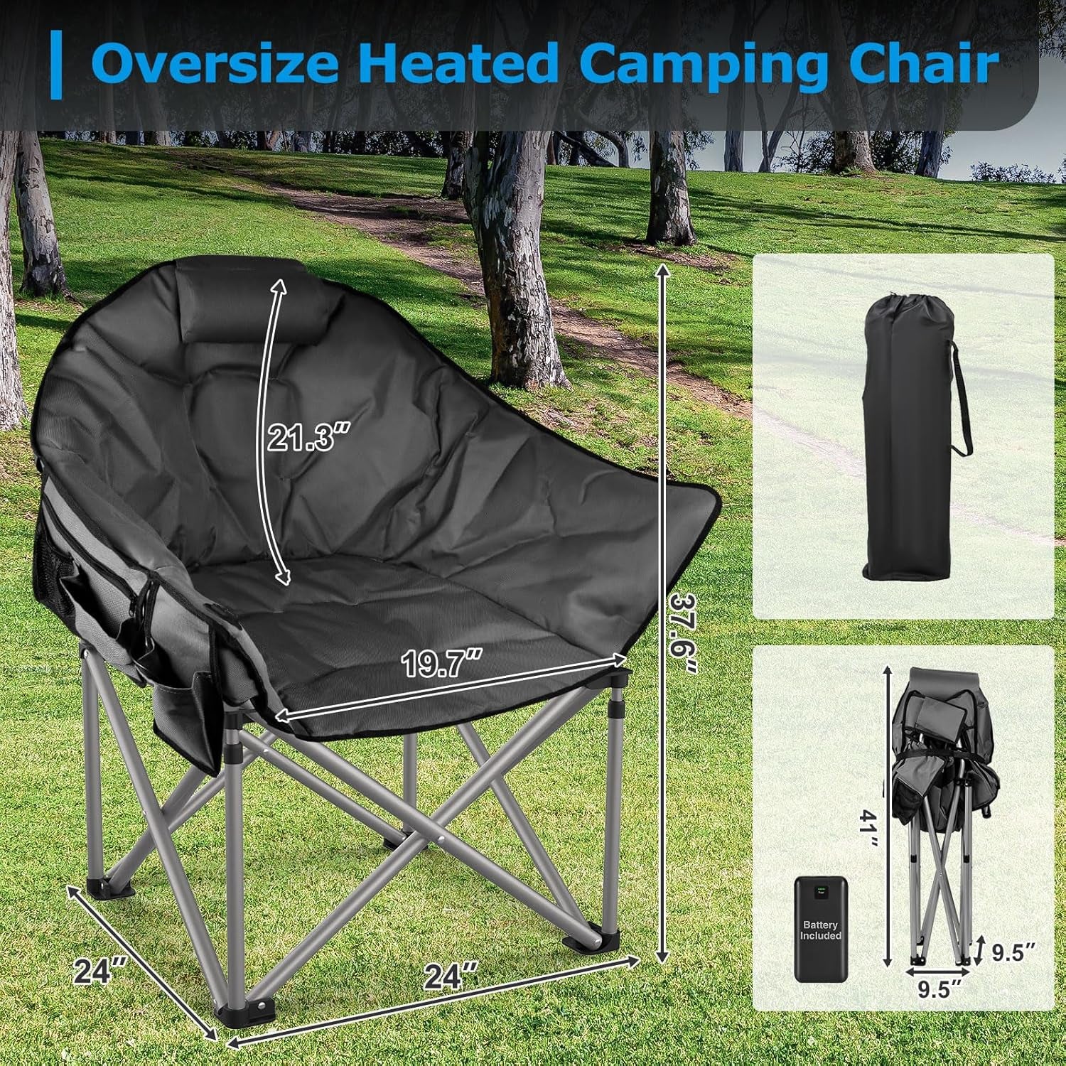 CozyPro Heated Camping Chair with Power Bank showing dimensions.