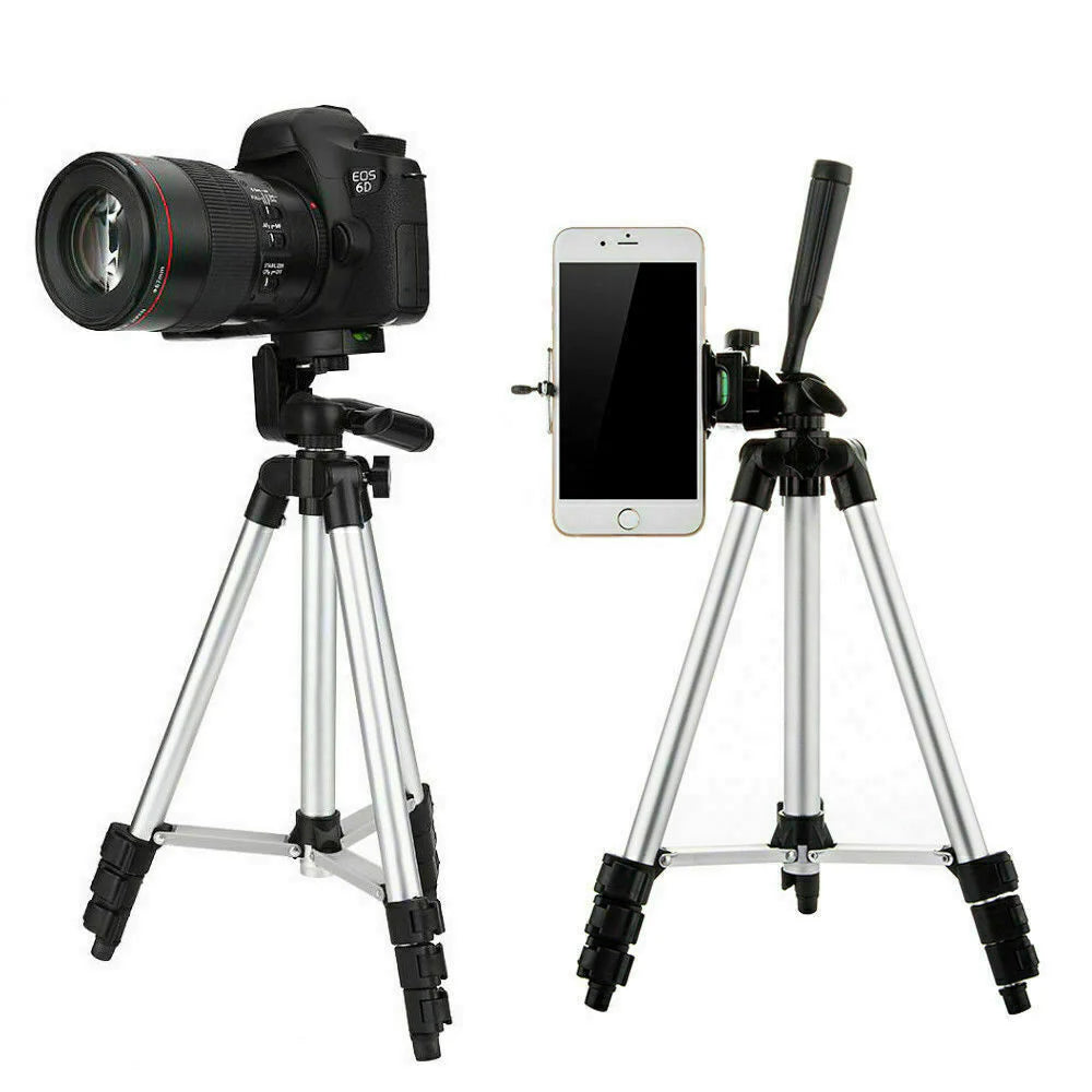 360° Swivel Camera Tripod Stand & Phone Holder for iPhone, Samsung + Bag