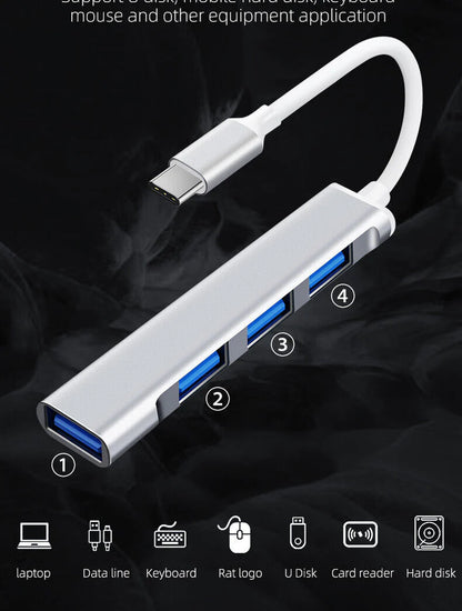 Fast 4 Port USB-C to USB 3.0 Hub Splitter for Mac, PC & Mobile Devices