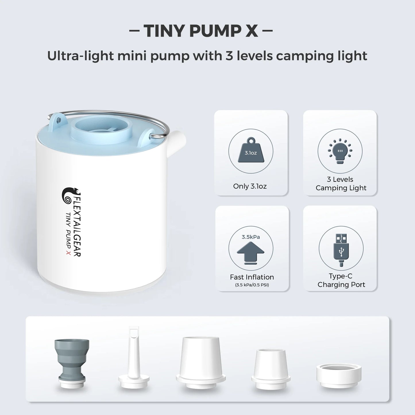 Ultra-Compact Air Pump & Camping Light, USB Rechargeable