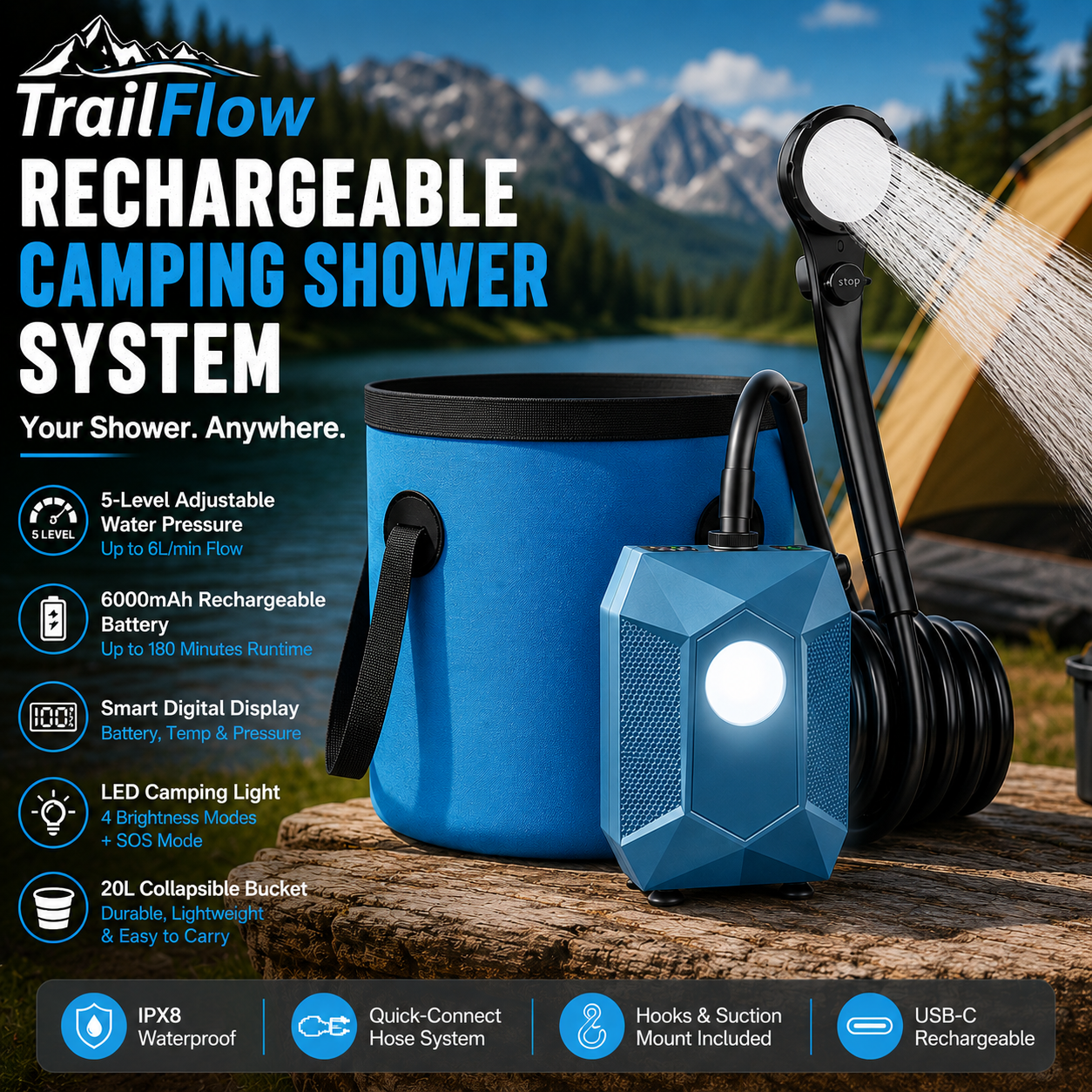 TrailFlow Rechargeable Camping Shower System