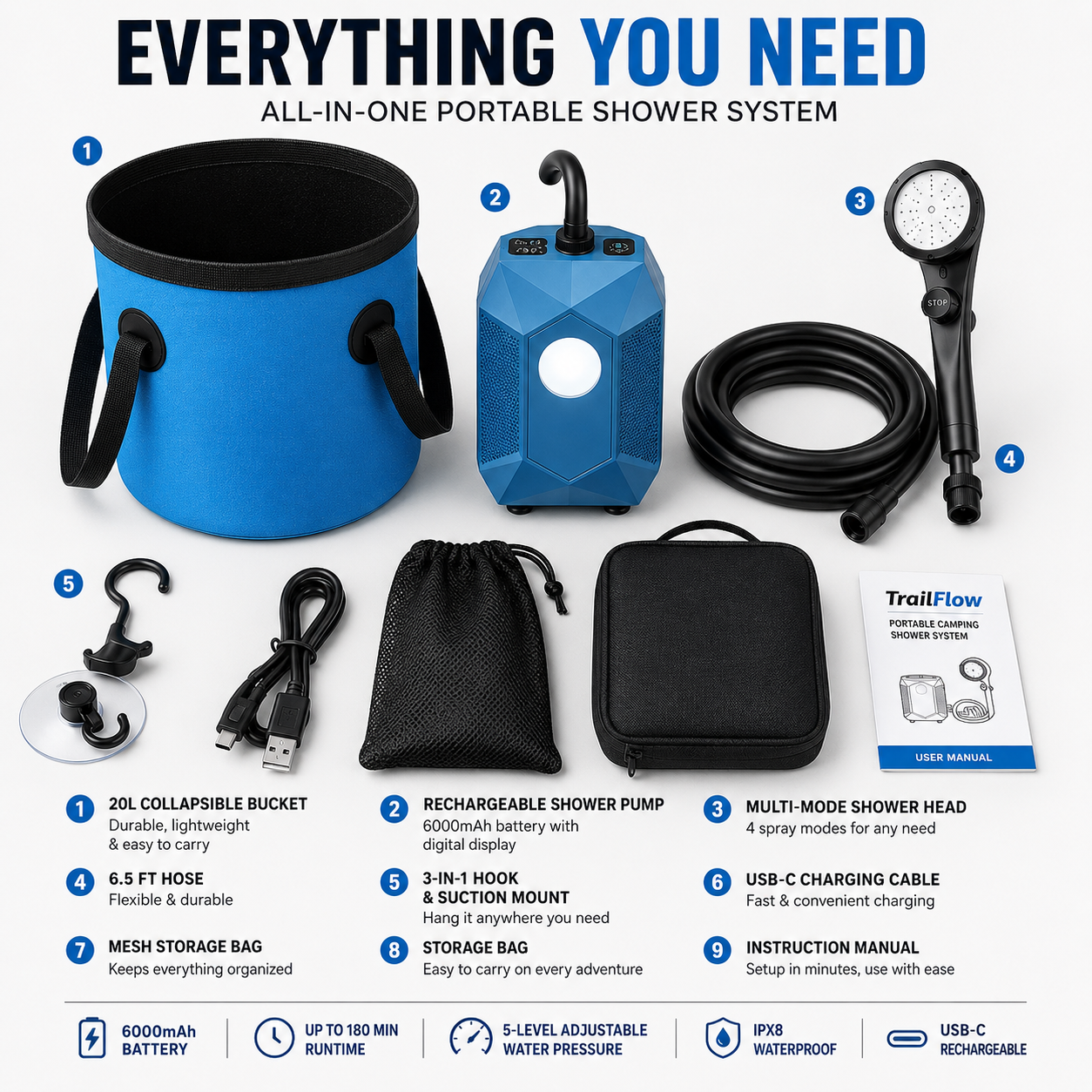 TrailFlow Rechargeable Camping Shower System