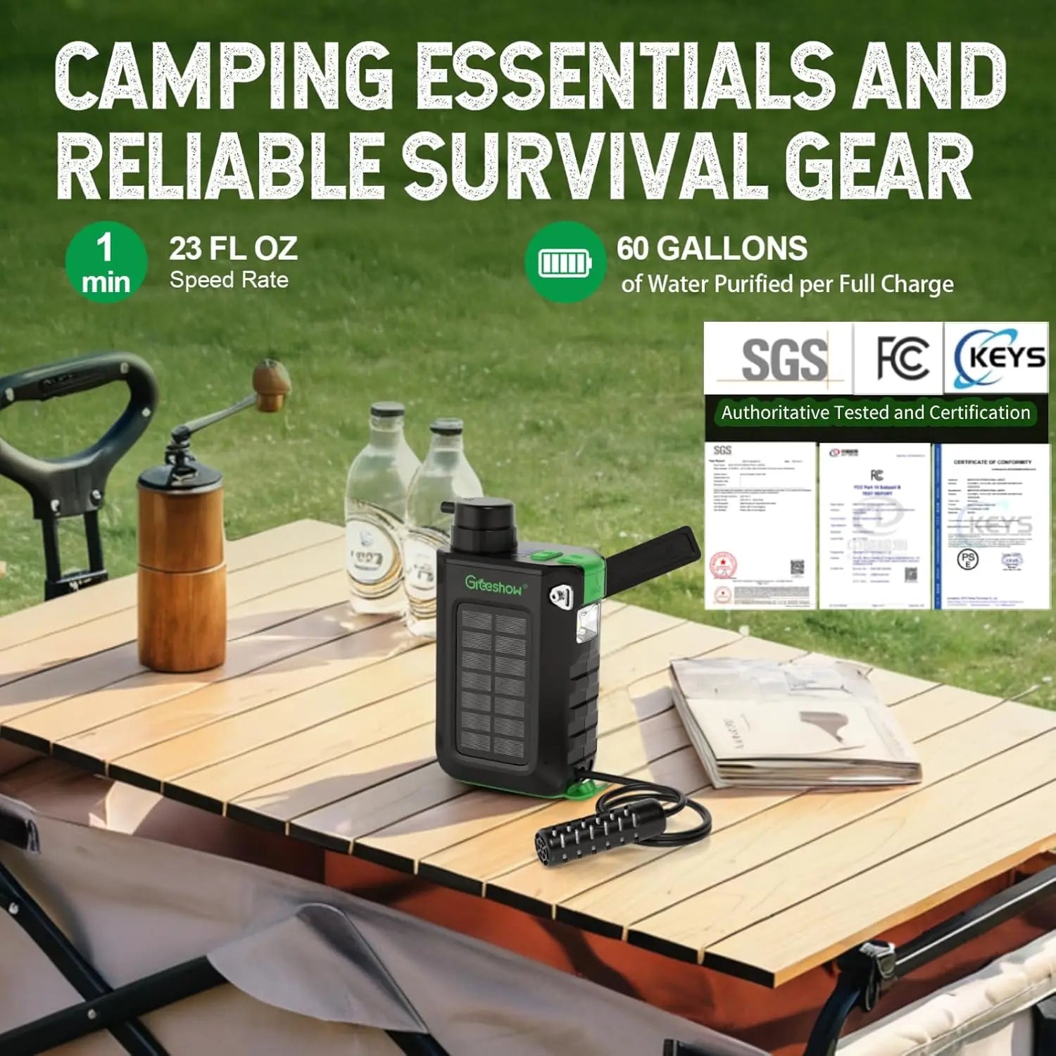 Portable Survival Water Filter, Power Bank & LED Light - Solar, USB, Hand Crank Powered