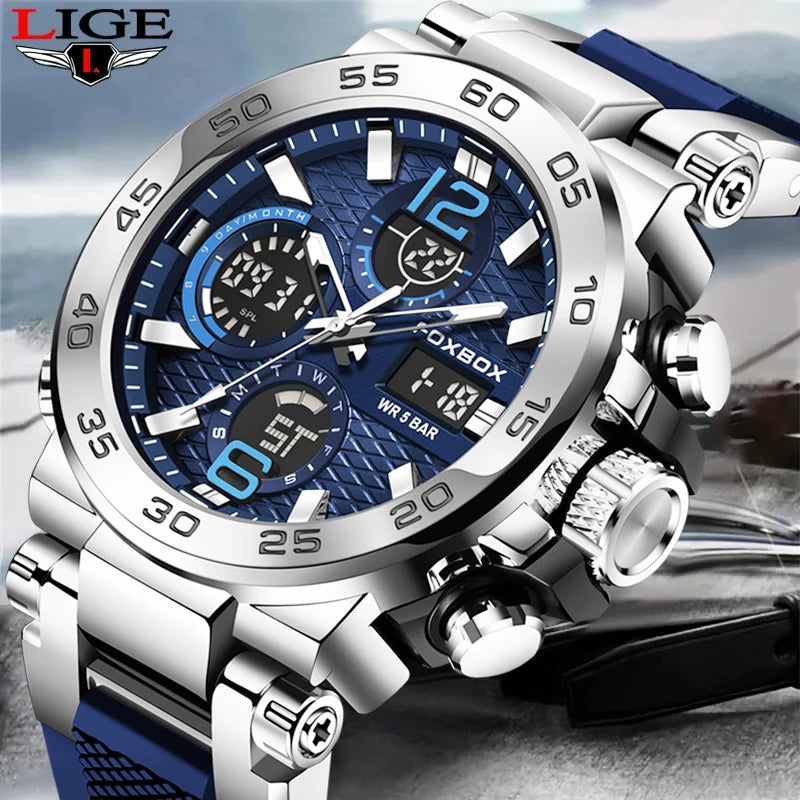 LIGE Men’s LCD Sports Watch - 50M Waterproof, Night Light, and Calendar