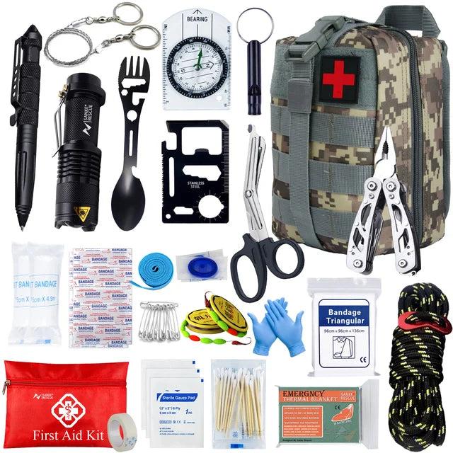 24-in-1 Survival First Aid Kit - Tactical Trauma Bag for Hiking, Camping, and Travel