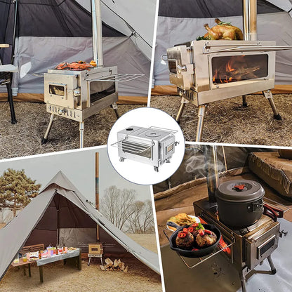 DeerView Tent Stove - Folding Stainless Steel Wood Burner with Chimney