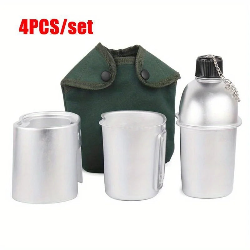 4-in-1 Survival Aluminum Canteen Kit - Water Bottle & Cookware Set