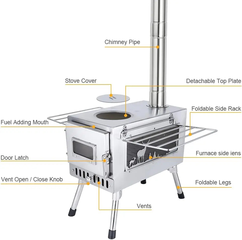 DeerView Tent Stove - Folding Stainless Steel Wood Burner with Chimney