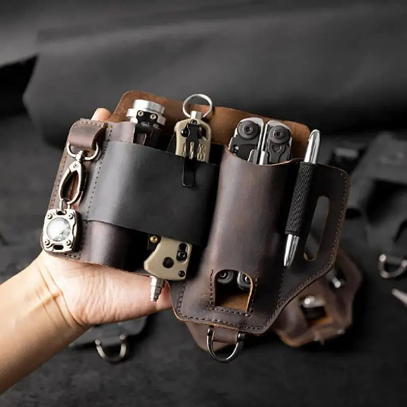 EDC Leather Multitool Organizer - Tactical Belt Sheath Holder, close-up with tools