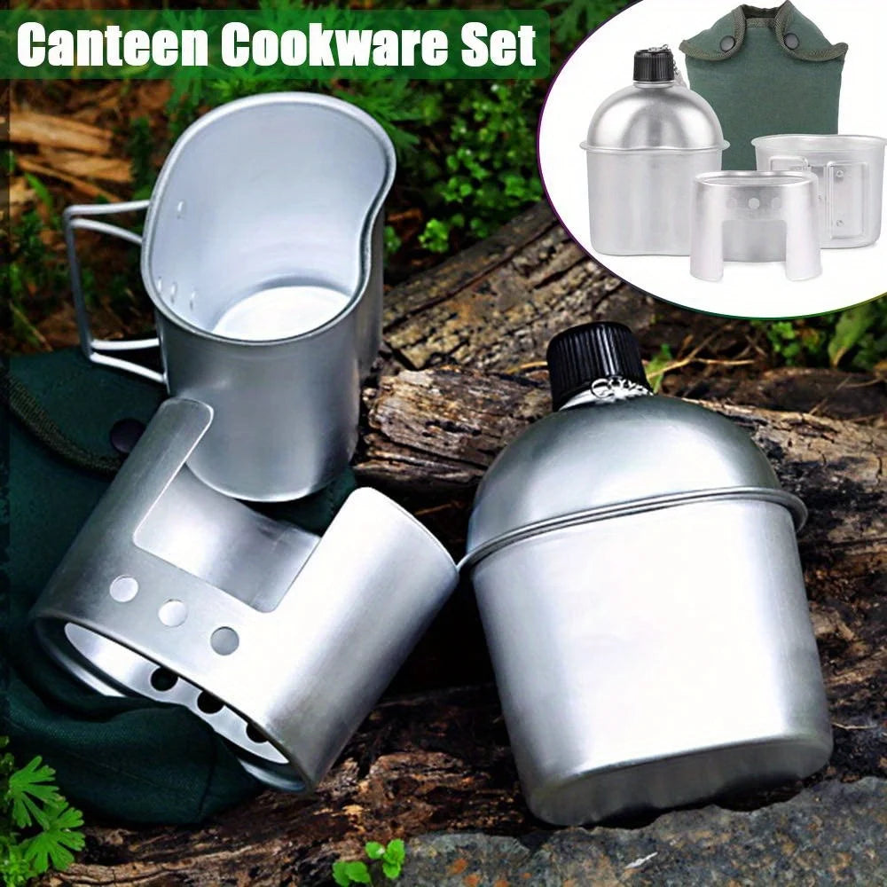 4-in-1 Survival Aluminum Canteen Kit - Water Bottle & Cookware Set