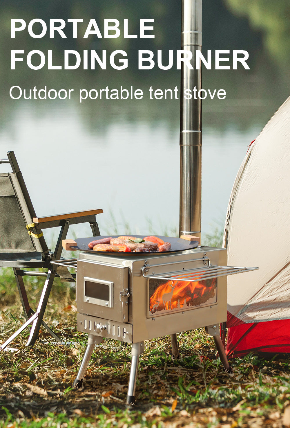 DeerView Tent Stove - Folding Stainless Steel Wood Burner with Chimney