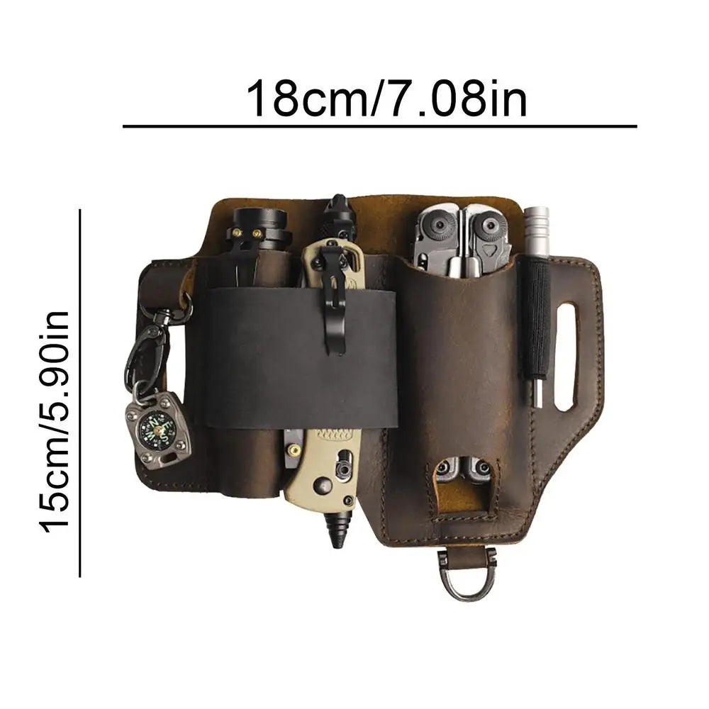 EDC Leather Multitool Organizer - Tactical Belt Sheath Holder, showing coffee version with dimensions