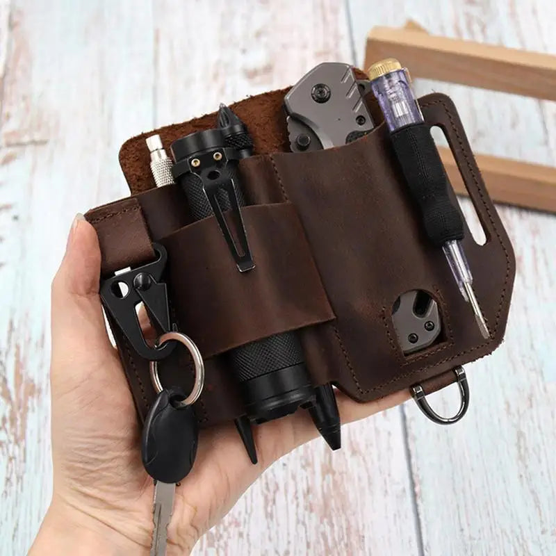 EDC Leather Multitool Organizer - Tactical Belt Sheath Holder, closeup of coffee color