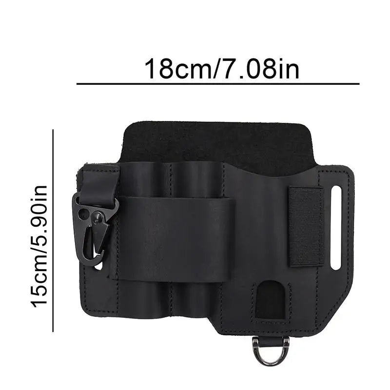 EDC Leather Multitool Organizer - Tactical Belt Sheath Holder, showing black version and dimensions