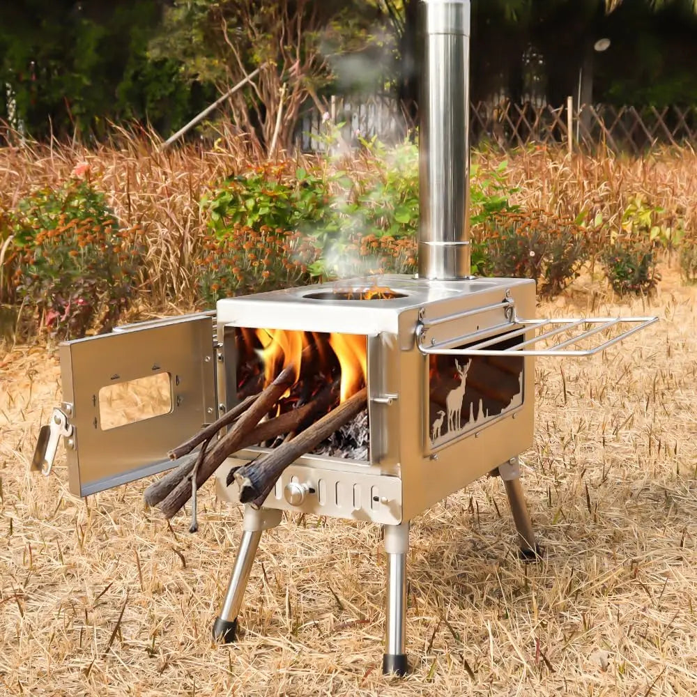 DeerView Tent Stove - Folding Stainless Steel Wood Burner with Chimney