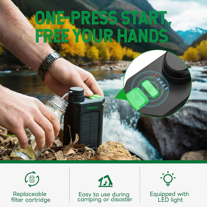 Portable Survival Water Filter, Power Bank & LED Light - Solar, USB, Hand Crank Powered