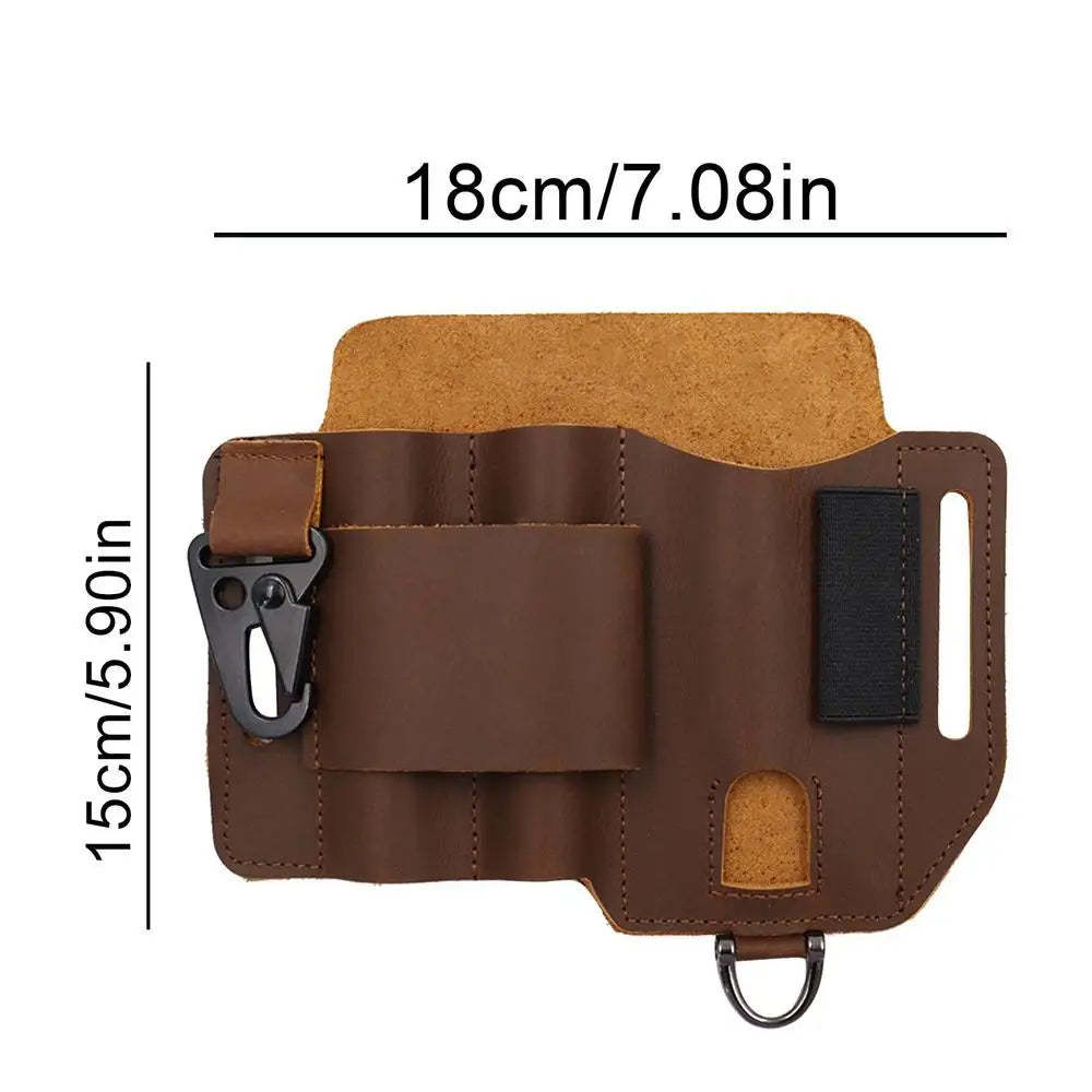 EDC Leather Multitool Organizer - Tactical Belt Sheath Holder, showing brown version with dimensions