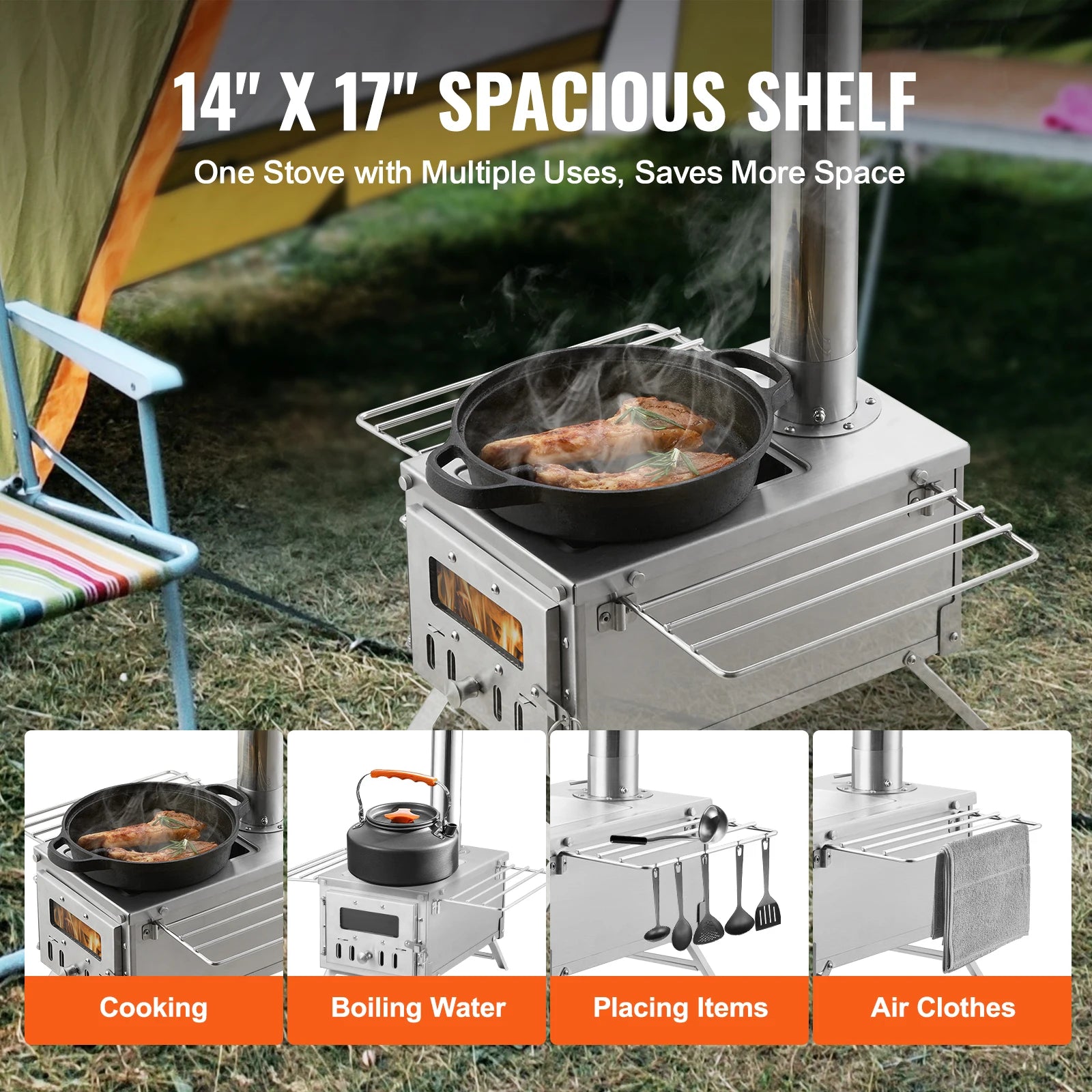 Stainless Steel Camping Wood Stove/Tent Heater with Chimney & Accessories