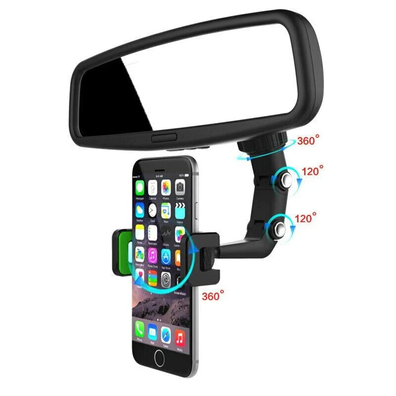 360° Rotating Rearview Mirror Phone Mount - Universal Car Clip