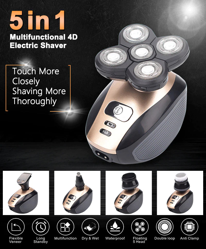 5-in-1 Electric Grooming Kit - 4D Shaver for Head, Beard, Nose & Body