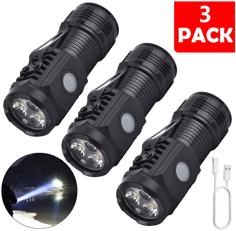 3-PACK Super Bright LED Mini Flashlight USB Rechargeable Pocket Keychain Torch