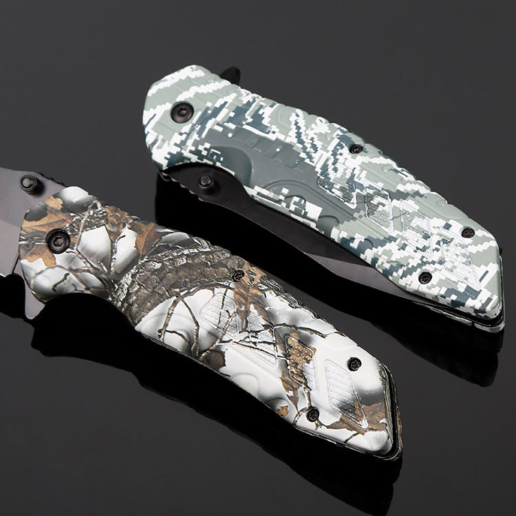 Camo Folding Survival Knife with Built-in Flint