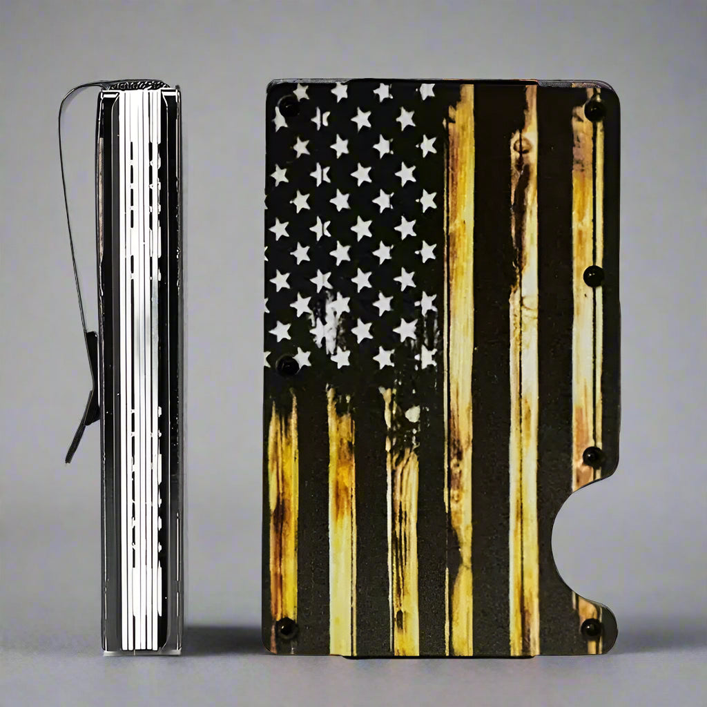 FreedomShield RFID Blocking Wallet with engraved American flag design - vintage Yellow