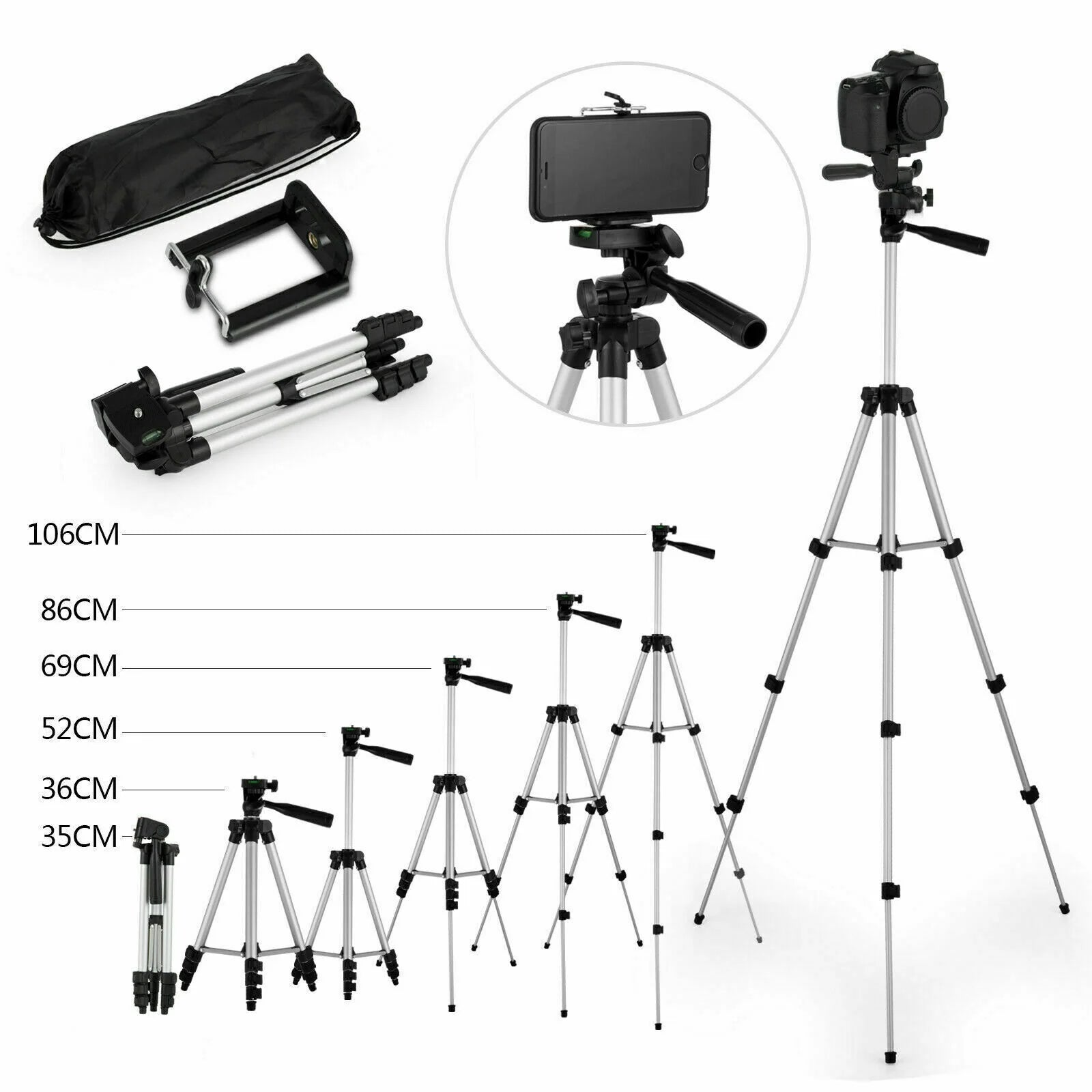 360° Swivel Camera Tripod Stand & Phone Holder for iPhone, Samsung + Bag