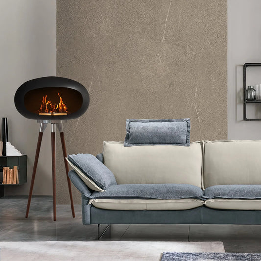 Rustic Flame Tripod Ethanol Fireplace providing cozy warmth in a modern living room setting.