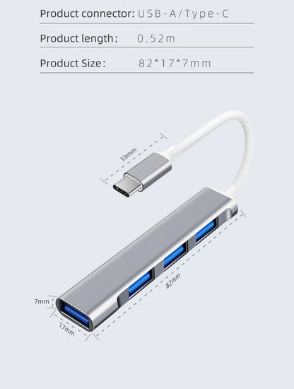 Fast 4 Port USB-C to USB 3.0 Hub Splitter for Mac, PC & Mobile Devices