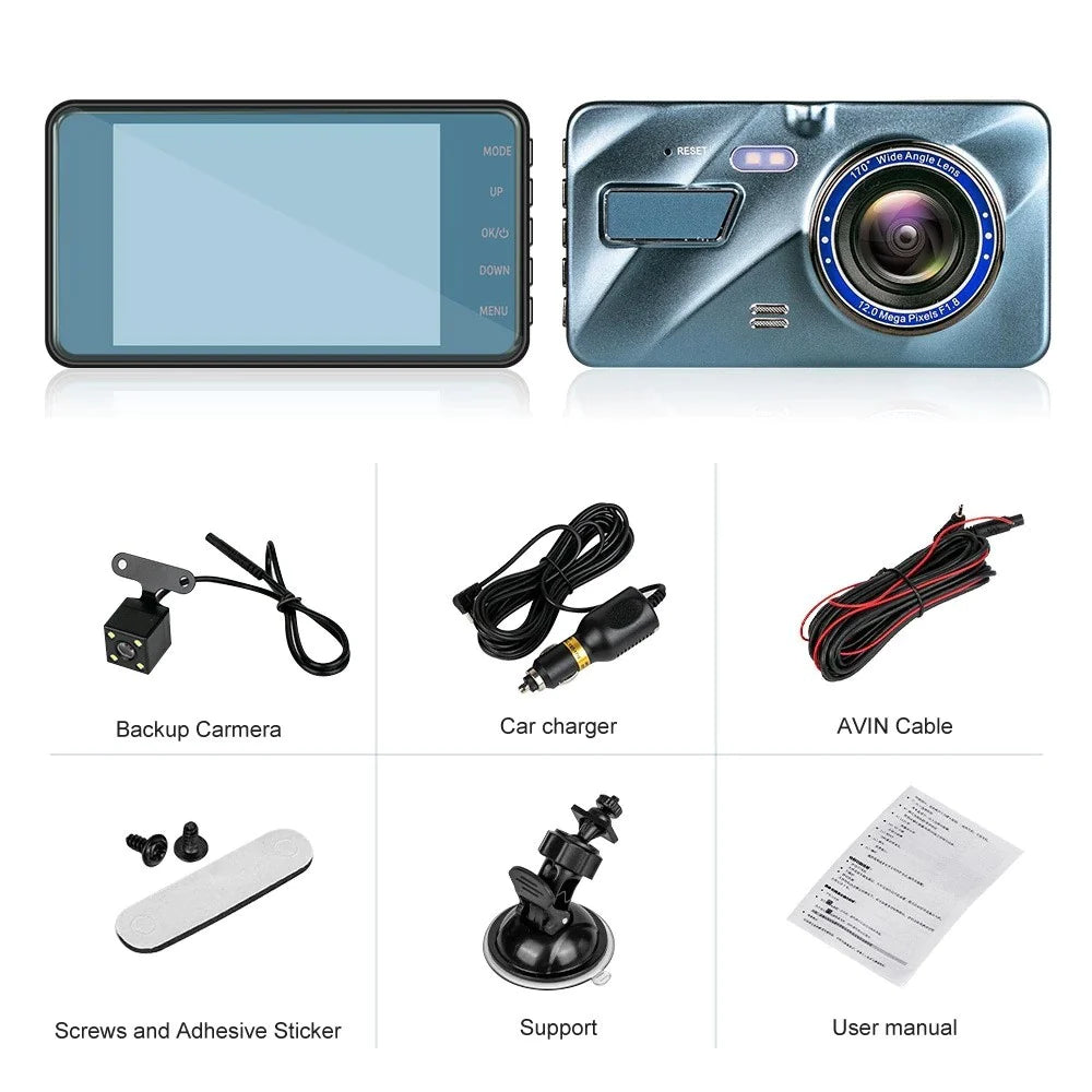 4” HD Touch Screen Dual Lens Dash Cam Recorder – Front & Rear Night Vision