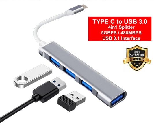 Fast 4 Port USB-C to USB 3.0 Hub Splitter for Mac, PC & Mobile Devices