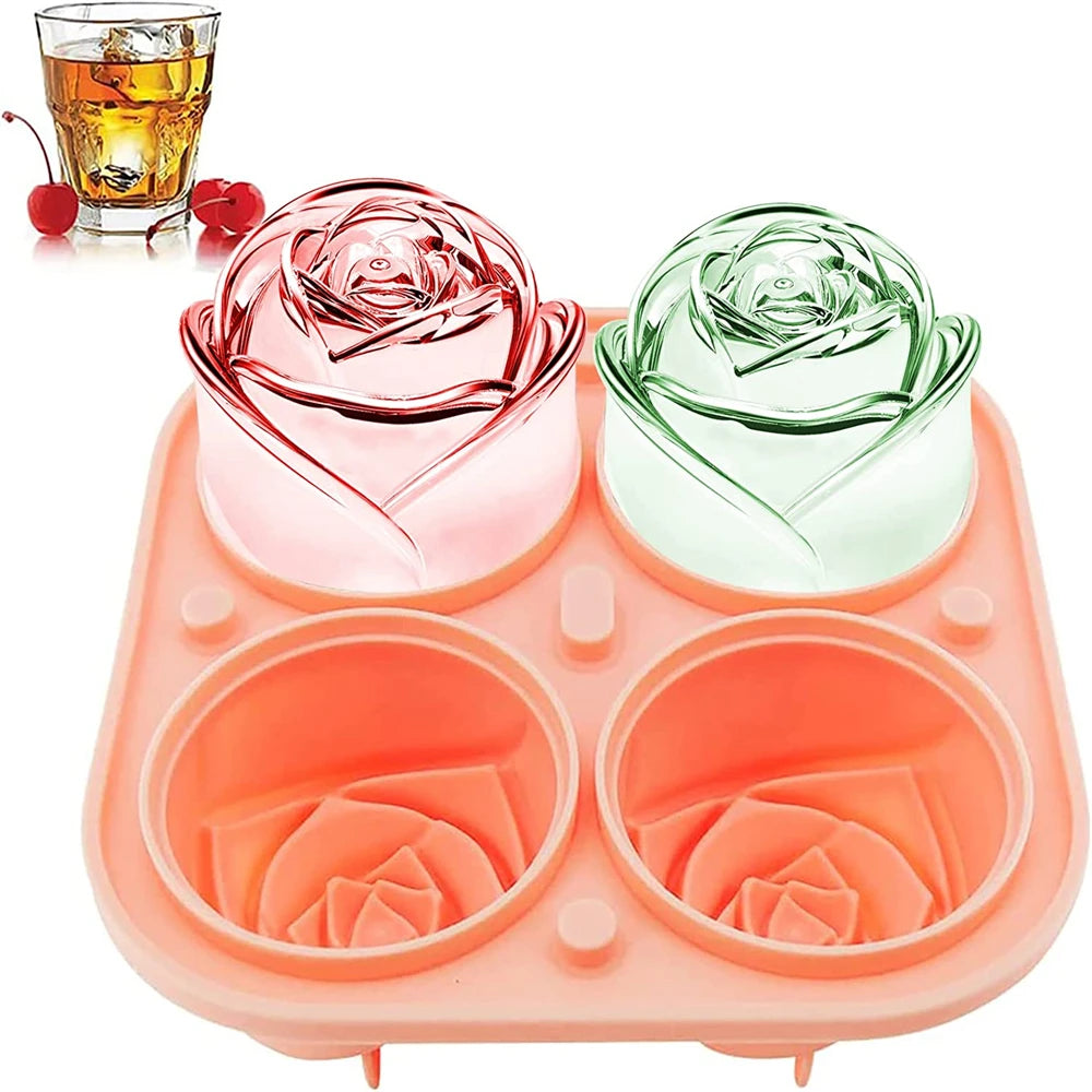 ChillRose 3D Ice Molds - Pink tray with 2 sample ice molds and whiskey glass