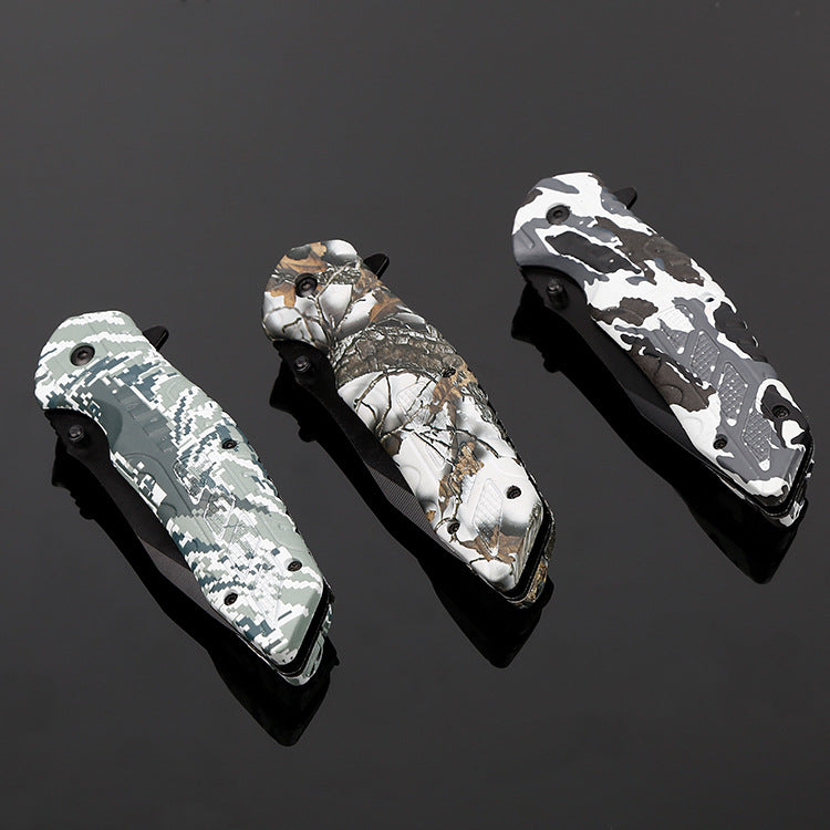 Camo Folding Survival Knife with Built-in Flint