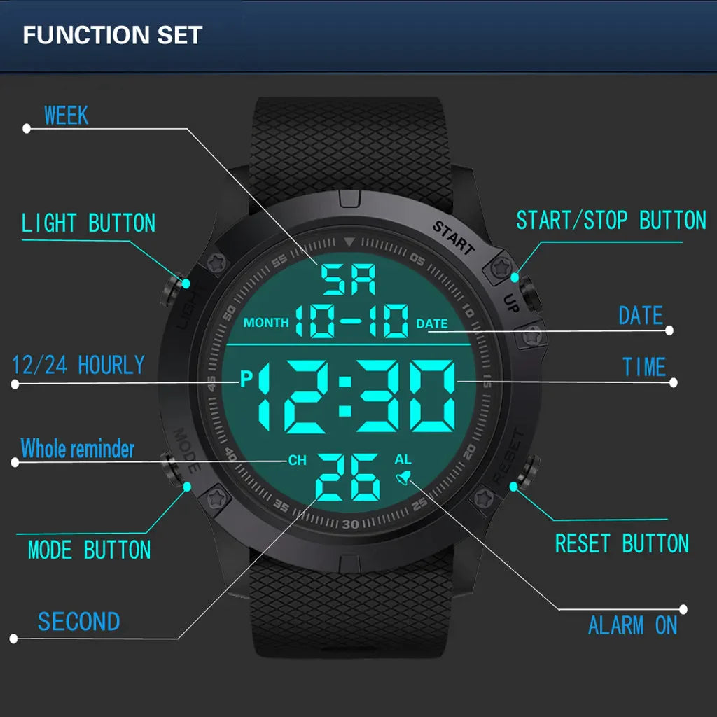 Waterproof Military Digital Sports Watch with LED Backlight for Men