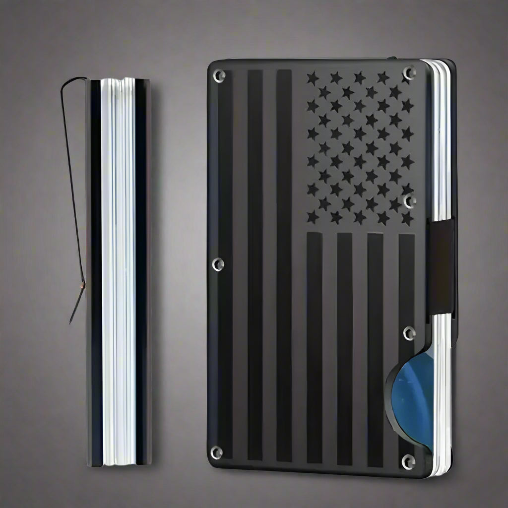 FreedomShield RFID Blocking Wallet with engraved American flag design in Black