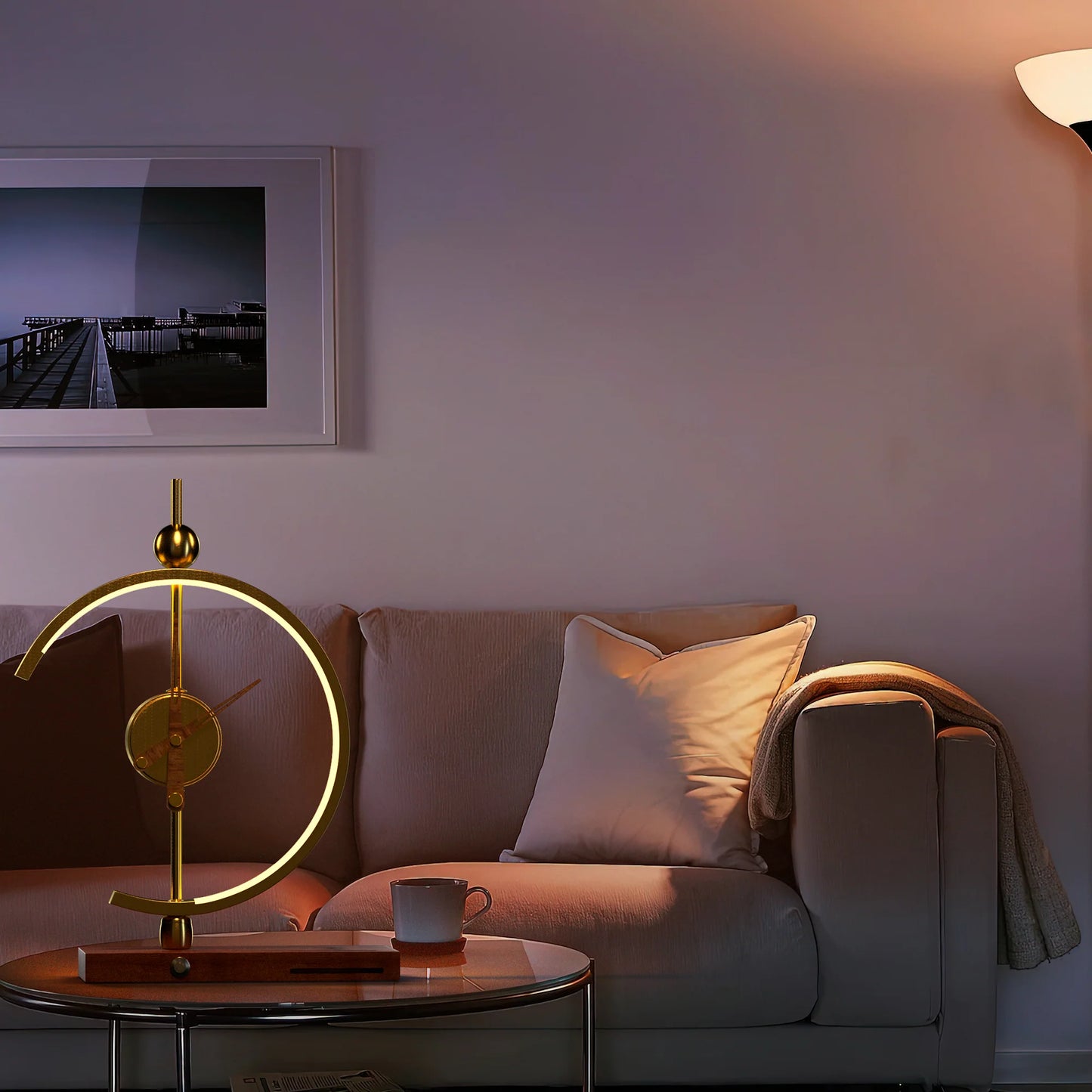 GoldenArc Desk Clock & Lamp – on living room coffee table.