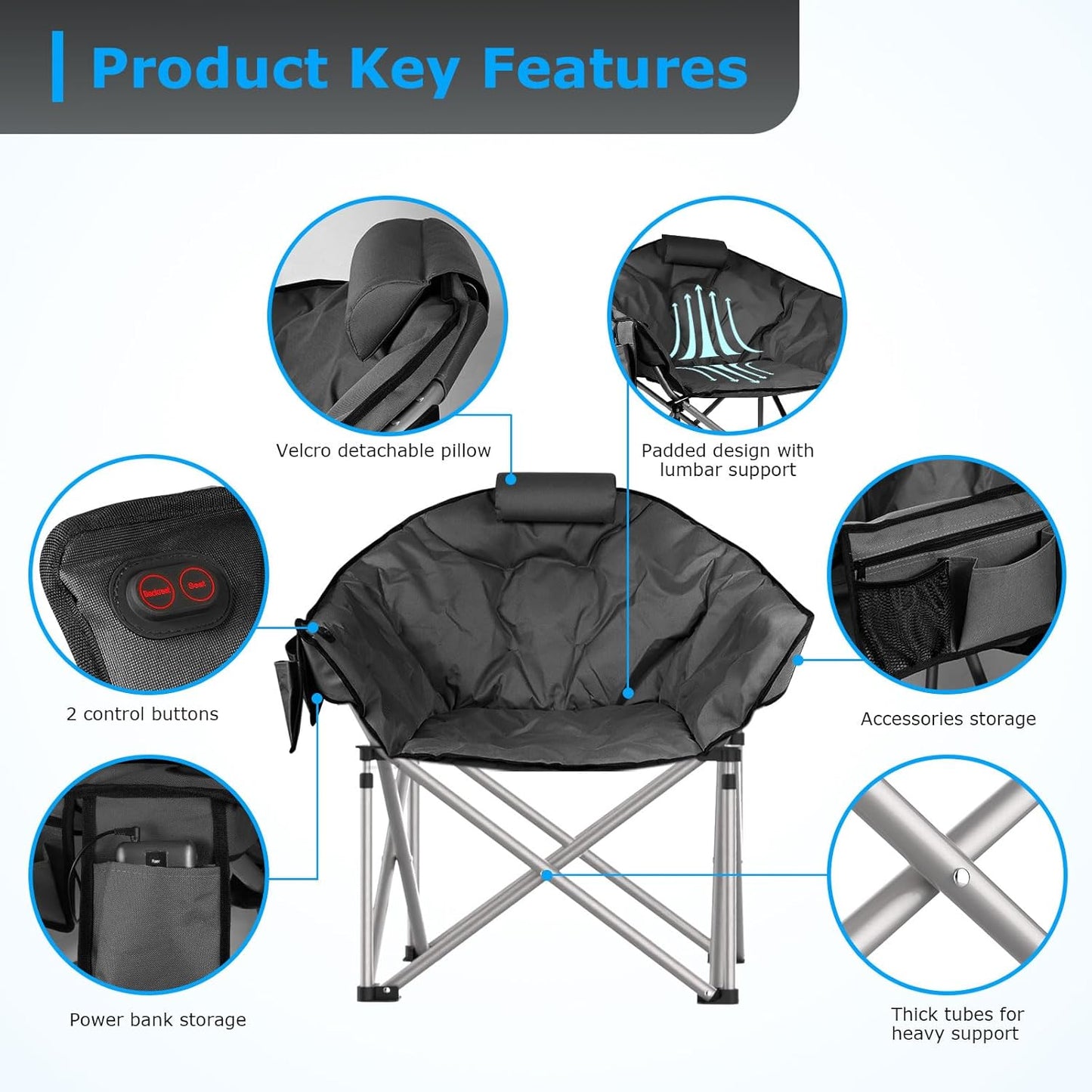 CozyPro Heated Camping Chair with Power Bank - key features