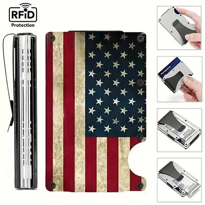 FreedomShield RFID Blocking Wallet with engraved American flag design - Red, White & Blue, showing different uses