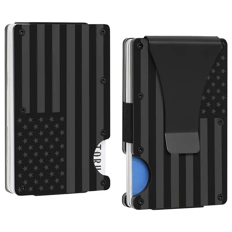 FreedomShield RFID Blocking Wallet with engraved American flag design - Black, front and back view